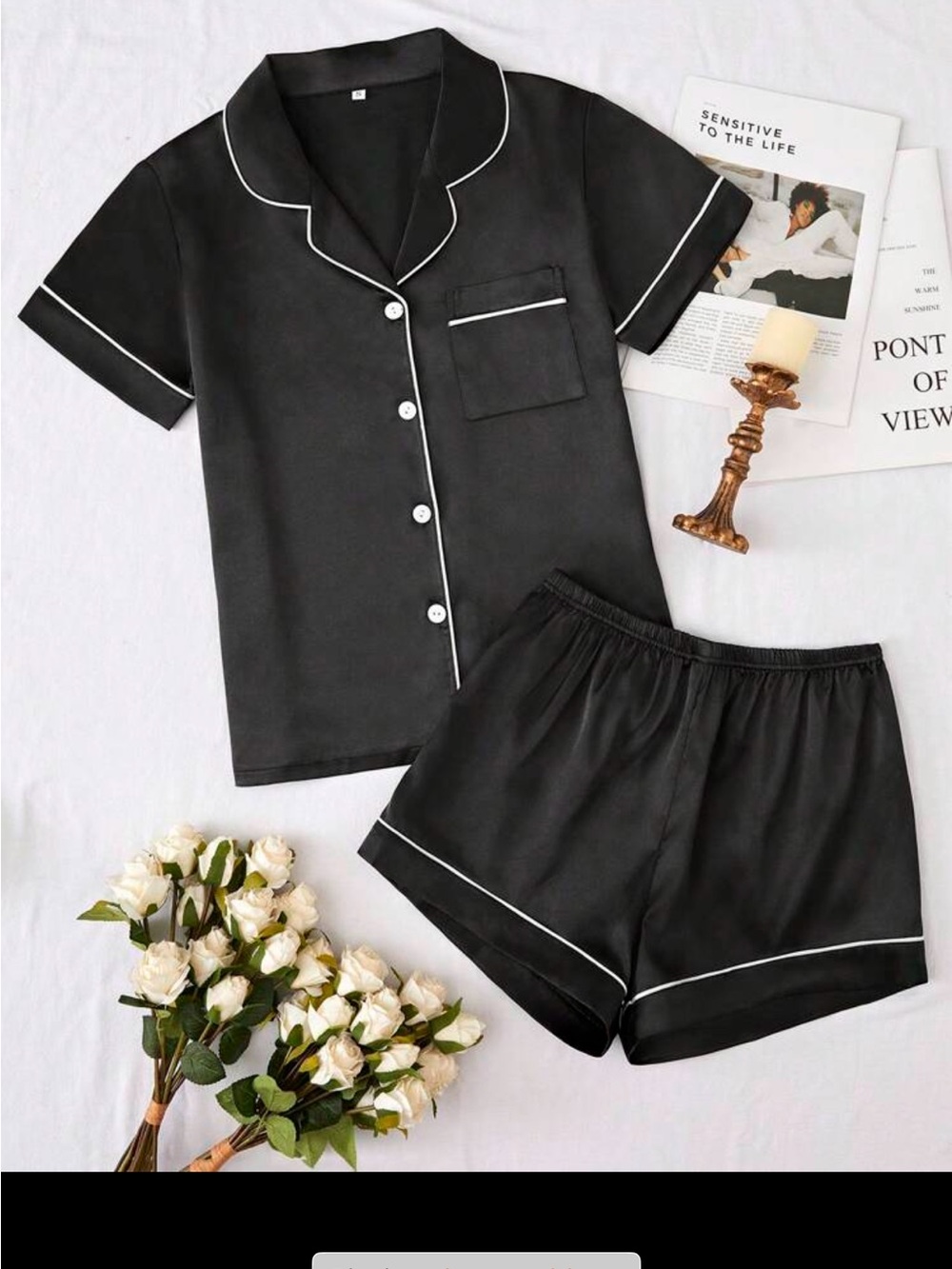 Women's Black Satin Short Pajama Set with White Piping